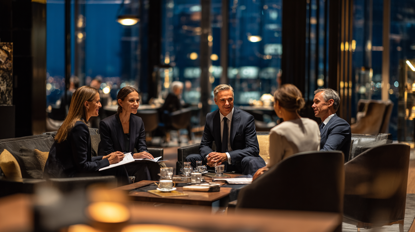 Executivos reunidos em um lounge corporativo discutindo estratégia